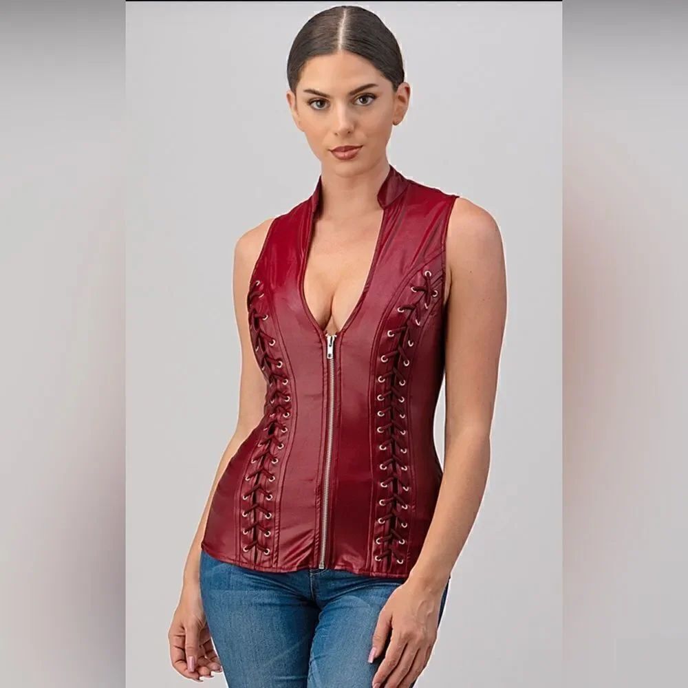 Lydia Lace Up Corset Top in Burgundy